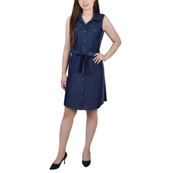 NY Collection Petite Sleeveless Belted Chambray Dress Dark Denim PM