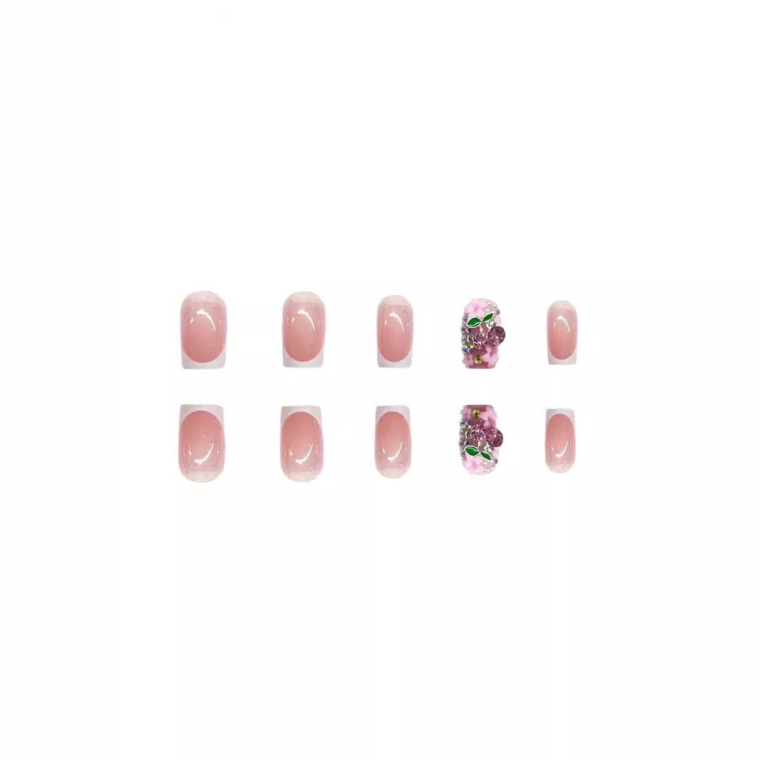 Cross-border hot sale classic short square sweet flower cute cherry wearing armor removable fake nail finished product wholesale
