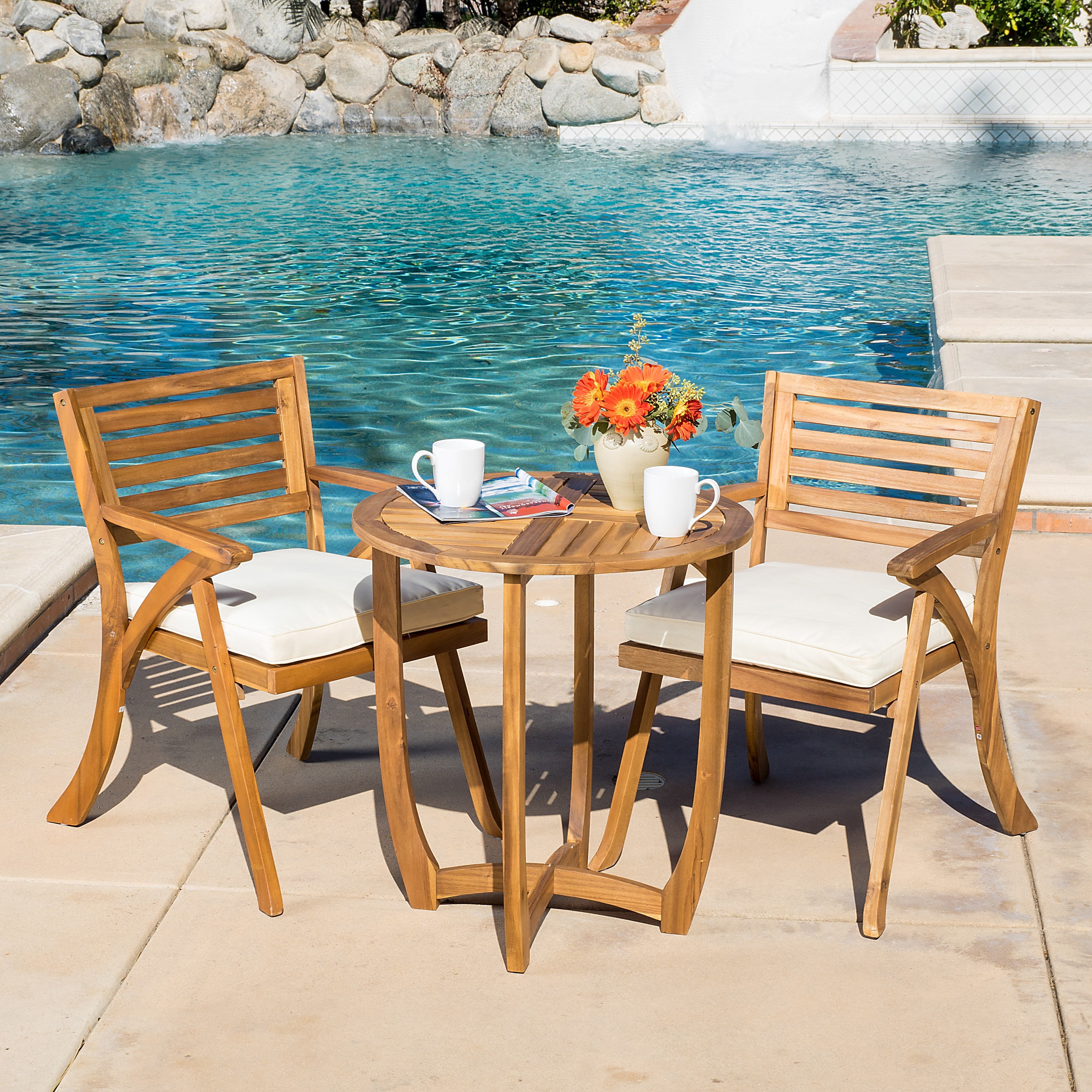 Esme Acacia Wood 3Piece Outdoor Bistro Set with Cushions, Teak Finish