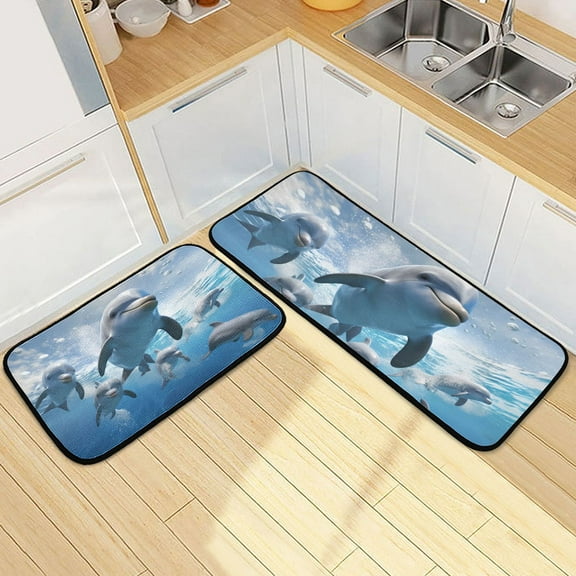 Dolphins Kitchen Mats Set 2 Piece Non Slip Floor Foam Rugs Cushioned Soft Waterproof Carpet Runner for Dining Room Bathroom Laundry