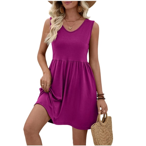 Eawtki Women's Sleeveless V Neck Mini Dress Flowy Empire Waist Casual T Shirt Dress for Summer Beach Vacation
