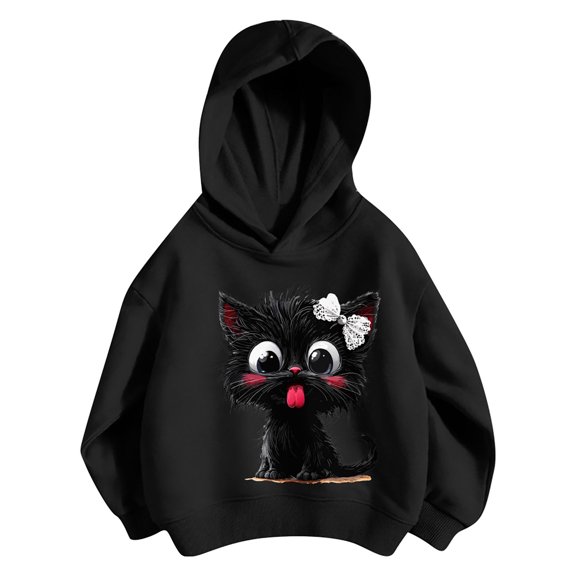 Kiijoy Girls Oversized Hoodie Cute Cat Graphic Pullover Sweatshirt, Black, Sizes 4-5T