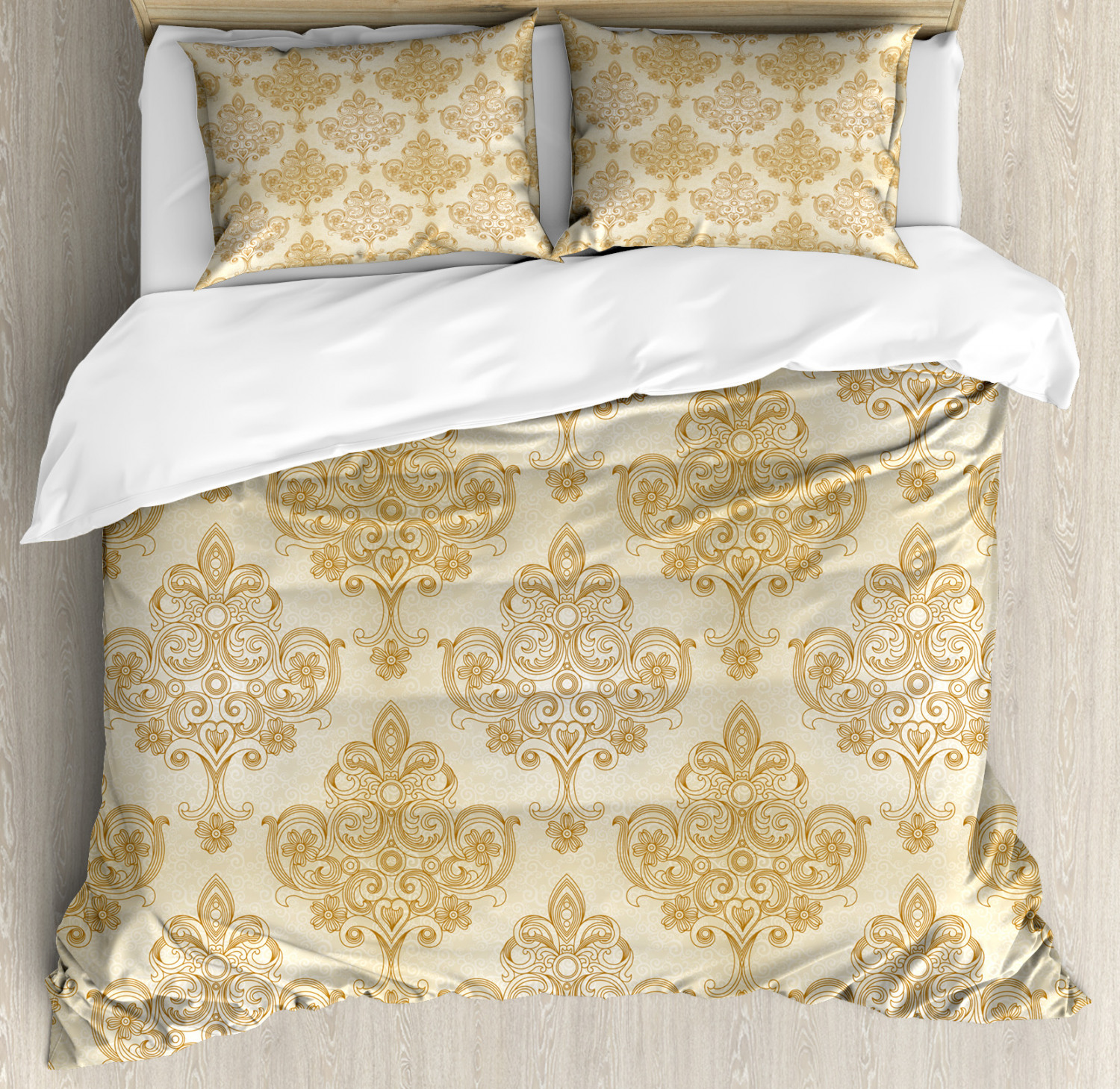 Ivory Duvet Cover Set, Vintage Baroque Pattern with Curved Flower Lines