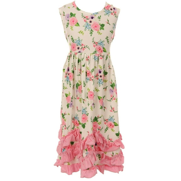 Big Girls' Sleeveless Floral Leaves Ruffles Hem Easter Summer Flower Girl Dress Off White Pink 6 XL (P503062P)