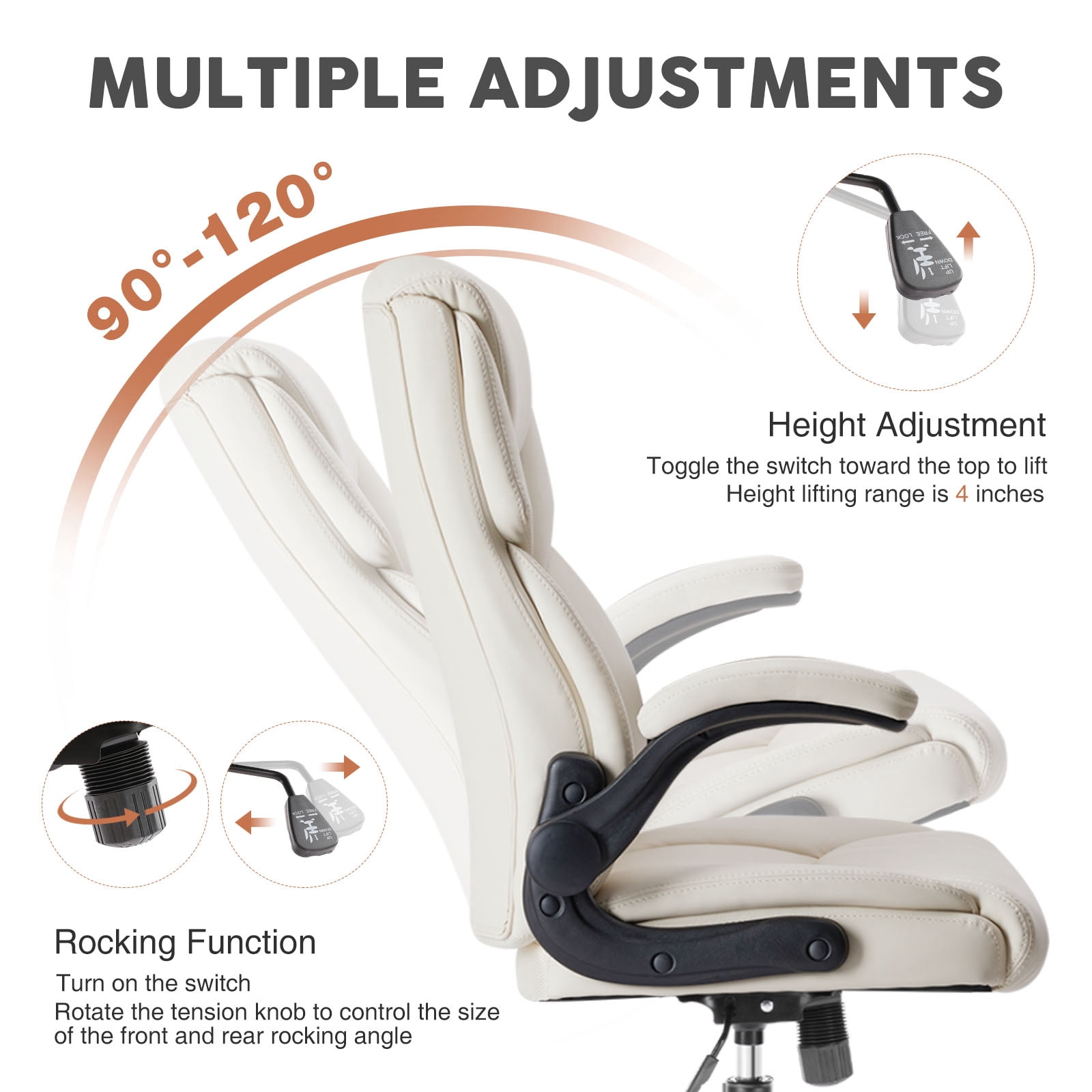 Casabay Leather Home Office Chair, Ergonomic Computer Desk Chair with Wheels and Flip-up Armrest, 300 LBS Weight Capacity, White