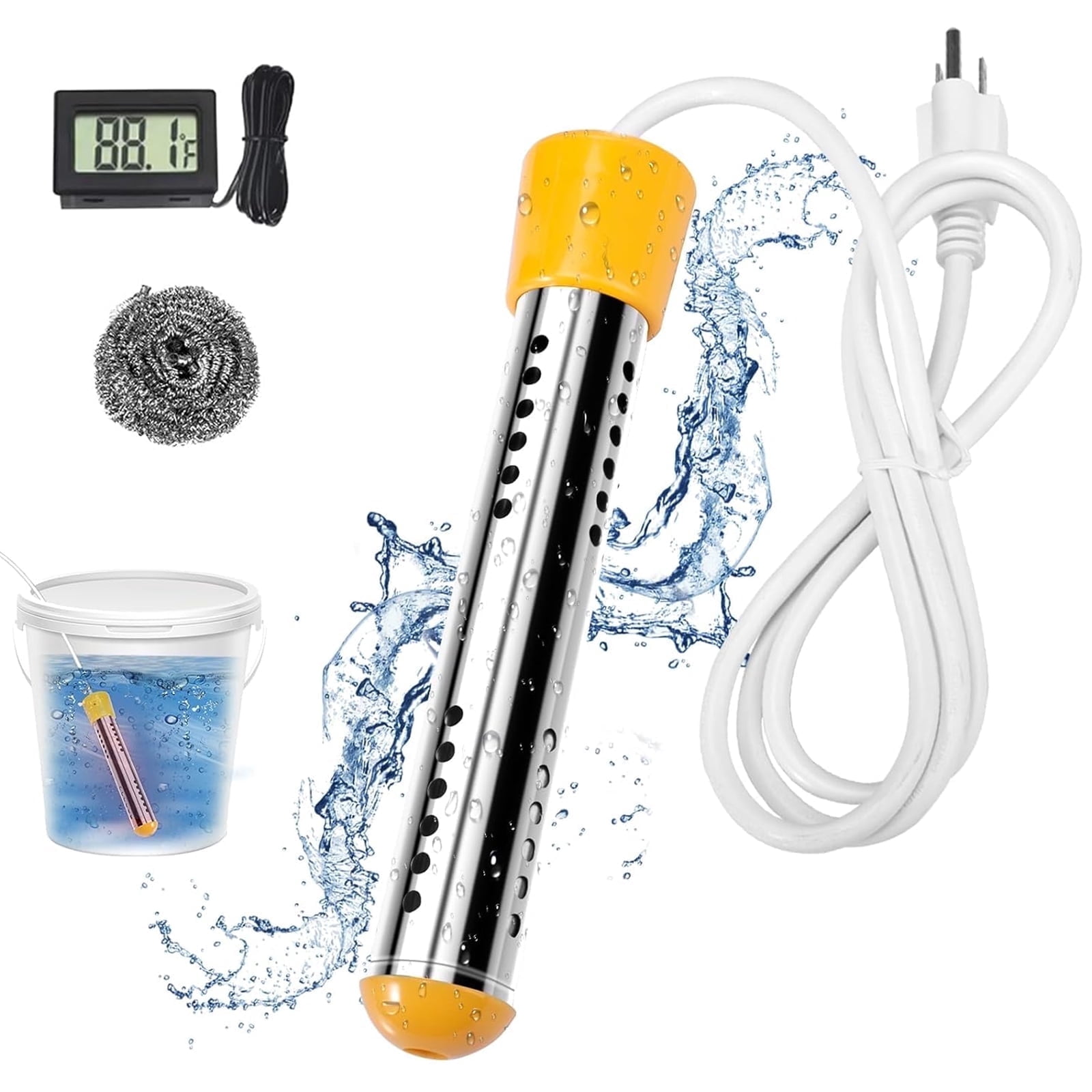 LASIEYO Immersion Water Heater, 2000W Electric Bucket Heater, Stainless-Steel Portable Submersible Water Heater with LCD Thermometer & Wool Scrubber Auto Shut-Off for Inflatable Pool Bathtub, Basin