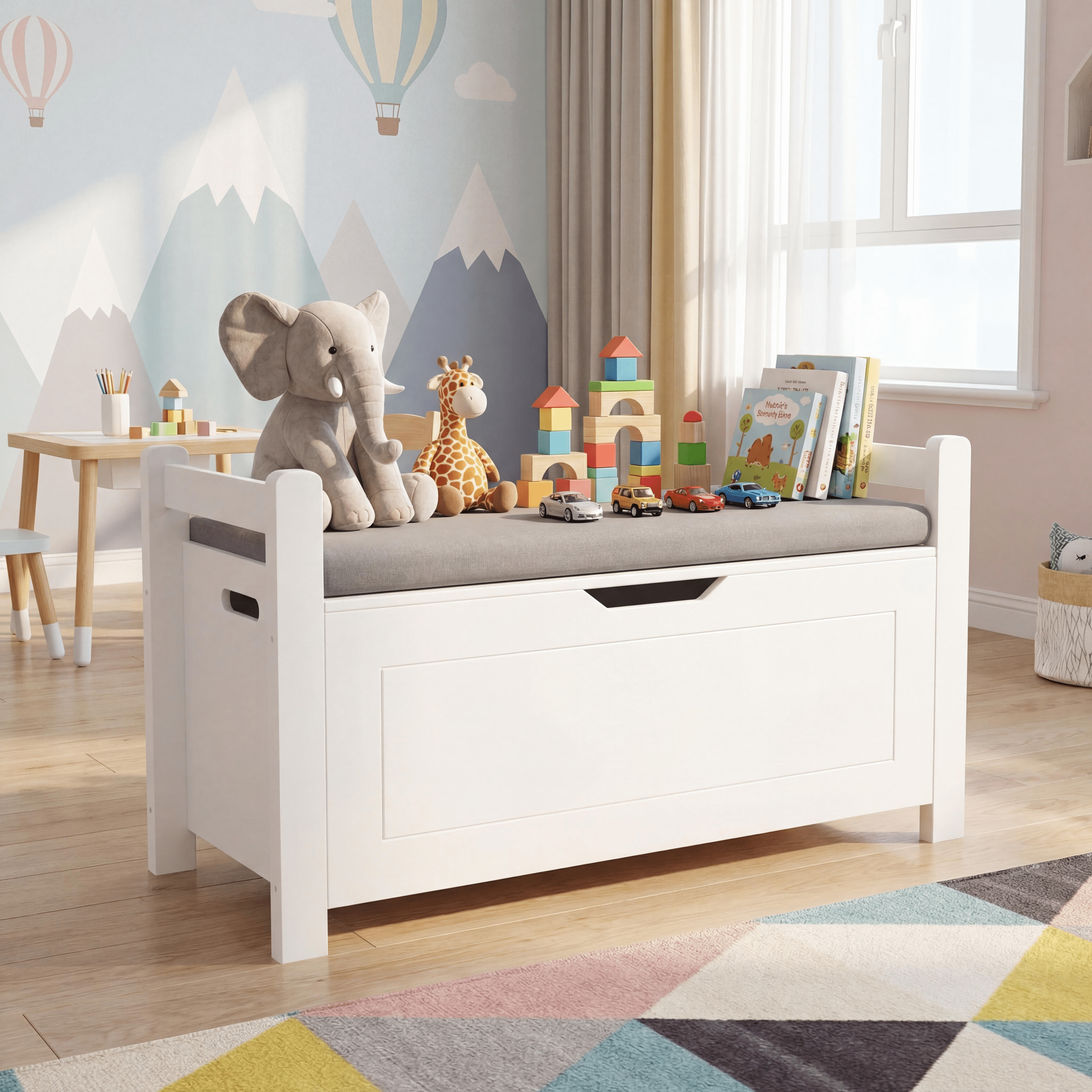 FurnitureR Kids Toy Box Chest with Cushion Seat, White Wooden Storage Bench for Playroom & Nursery, Large Toy Storage Organizer Trunk with Safety Hinge & Flip-Top Lid