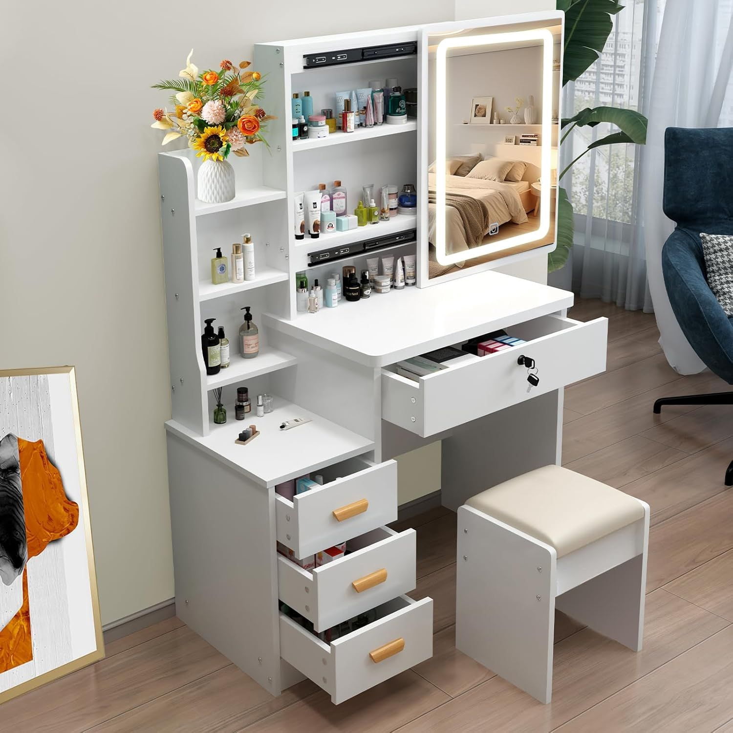 3 in 1 Vanity Desk with Mirror And Lights, Small Vanity Desk Set with Visible Glass Tabletop, 3 Drawers, Storage Bench, 3 Color Lighting Mirror, Suitable for Bedroom Small Vanity Desk