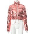 thumbnail image 1 of Abrigo de invierno acolchado para mujer, con cremallera completa, holgado, cálido, con cordón grueso, chaqueta hinchada ligera y brillante, color rosa M, 1 of 5