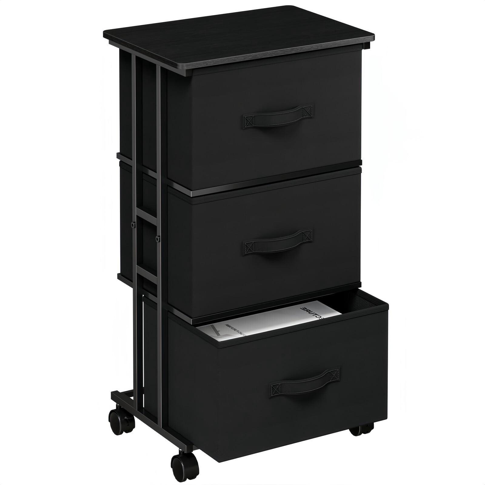 Kelno 3 Drawers Rolling Fabric Dresser Mobile Nightstand Storage Cabinet with Wheels, Black