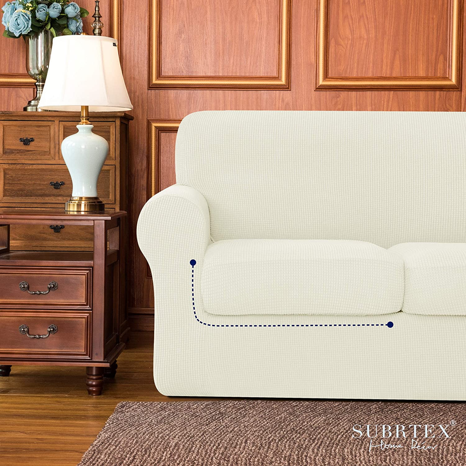 Subrtex 3-Piece High Spandex Textured Grid Sofa Slipcover, Separate Cushion Cover(Ivory, Loveseat)