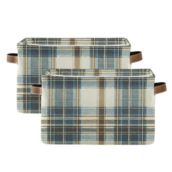 Blue and White Tartan Foldable Storage Basket,Canvas Fabric Foldable Storage Bins with Handles Open Home Storage Bins Boxes for Toy Book Shelf Closet Baskets