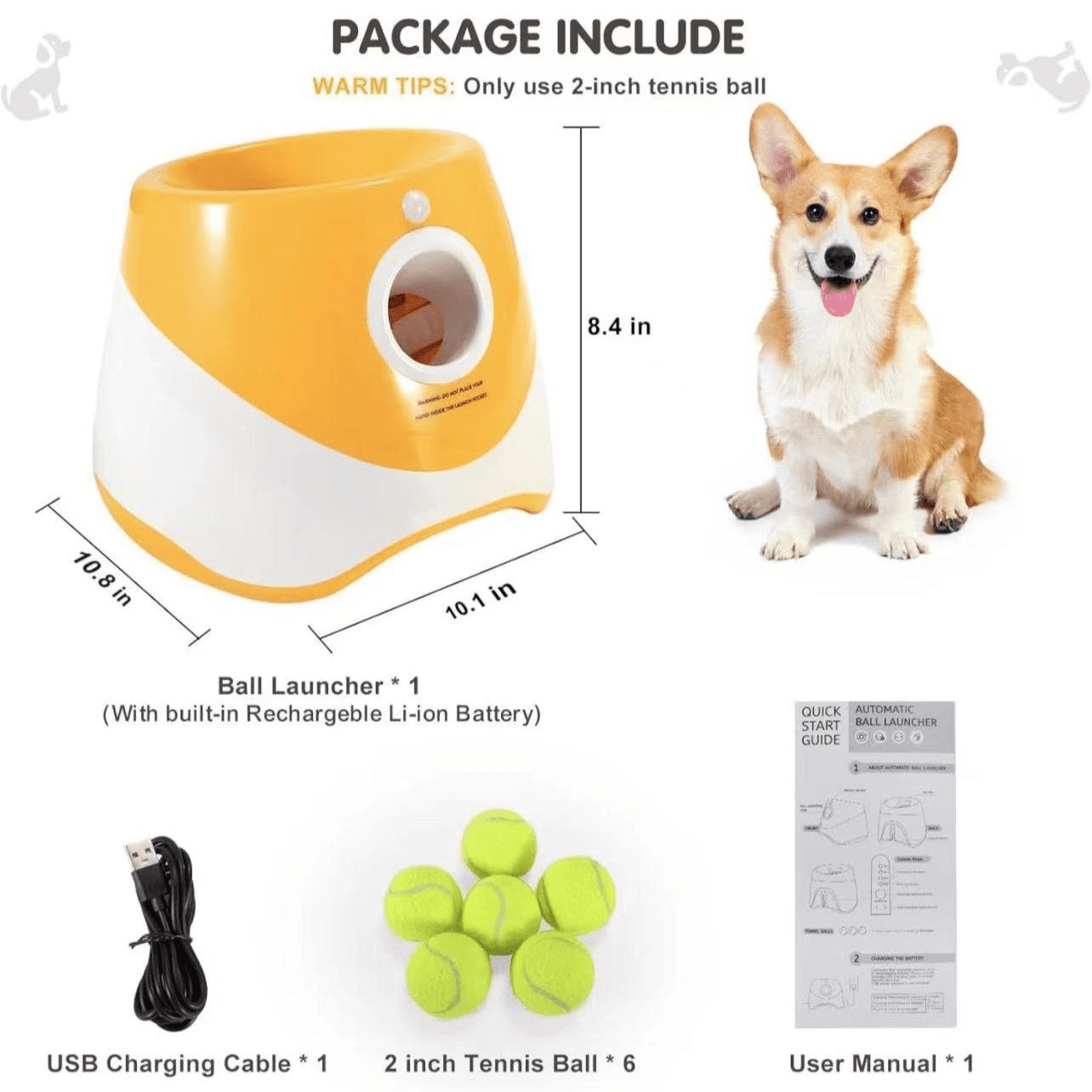 Tstiti Automatic Dog Ball Launcher with 3 Distance Settings, Includes 3 Mini Tennis Balls, Interactive Indoor Outdoor Dog Toy, Orange