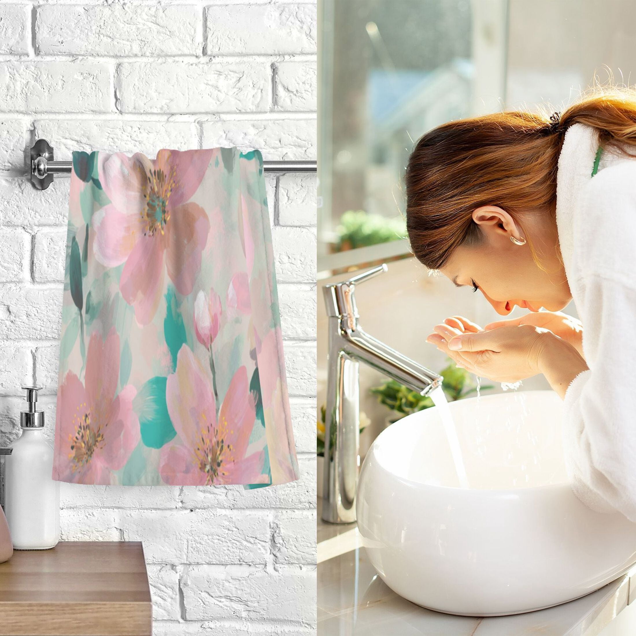 2 Pcs Hand Towels Sets Coral Floral Print Cotton Towel Set Absorbent Face Towel for Bathroom Kitchen Shower Hotel Decor