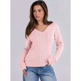thumbnail image 6 of Women Long Sleeve Cable Knit Sweater Fall Fashion V Neck Fitted Pullover Business Casual Fall Outfits Pink S, 6 of 8