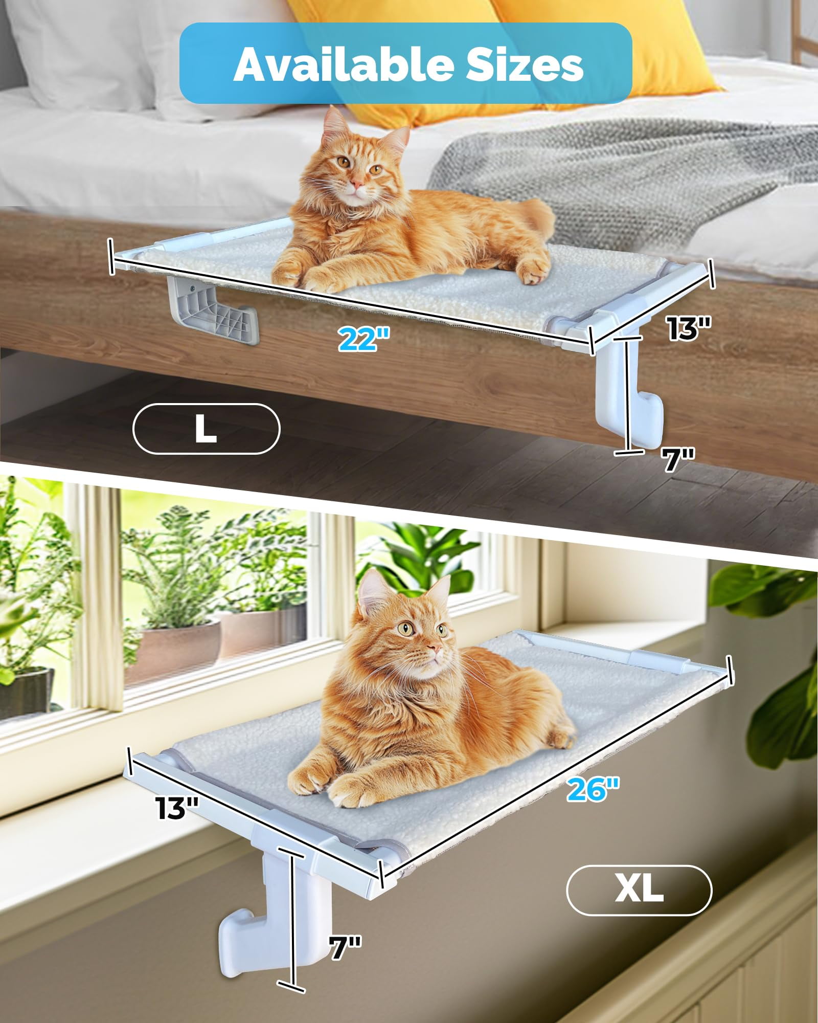 NRYDEPET Heavy-Duty Cat Window Sill Perch for Large Cats, Cat Window Bed with Washable Cover, Hold 120 lbs, White