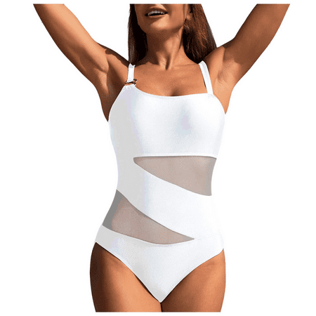 Fulorrnie One Piece Swimsuit for Women Petite Maternity High Waisted Adjustable Straps Criss Cross Back Bathing Suit Racerback Compression Swimwear White M