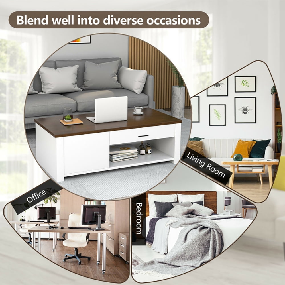 Finihen Rectangular Coffee Table, Modern Coffee Table with Front Back Drawers and Compartments, for Living Room, Reception Room, Office, Brown & white Finihen Rectangular Coffee Table, Modern Coffee Table with Front Back Drawers and Compartments, for Living Room, Reception Room, Office, Brown & white