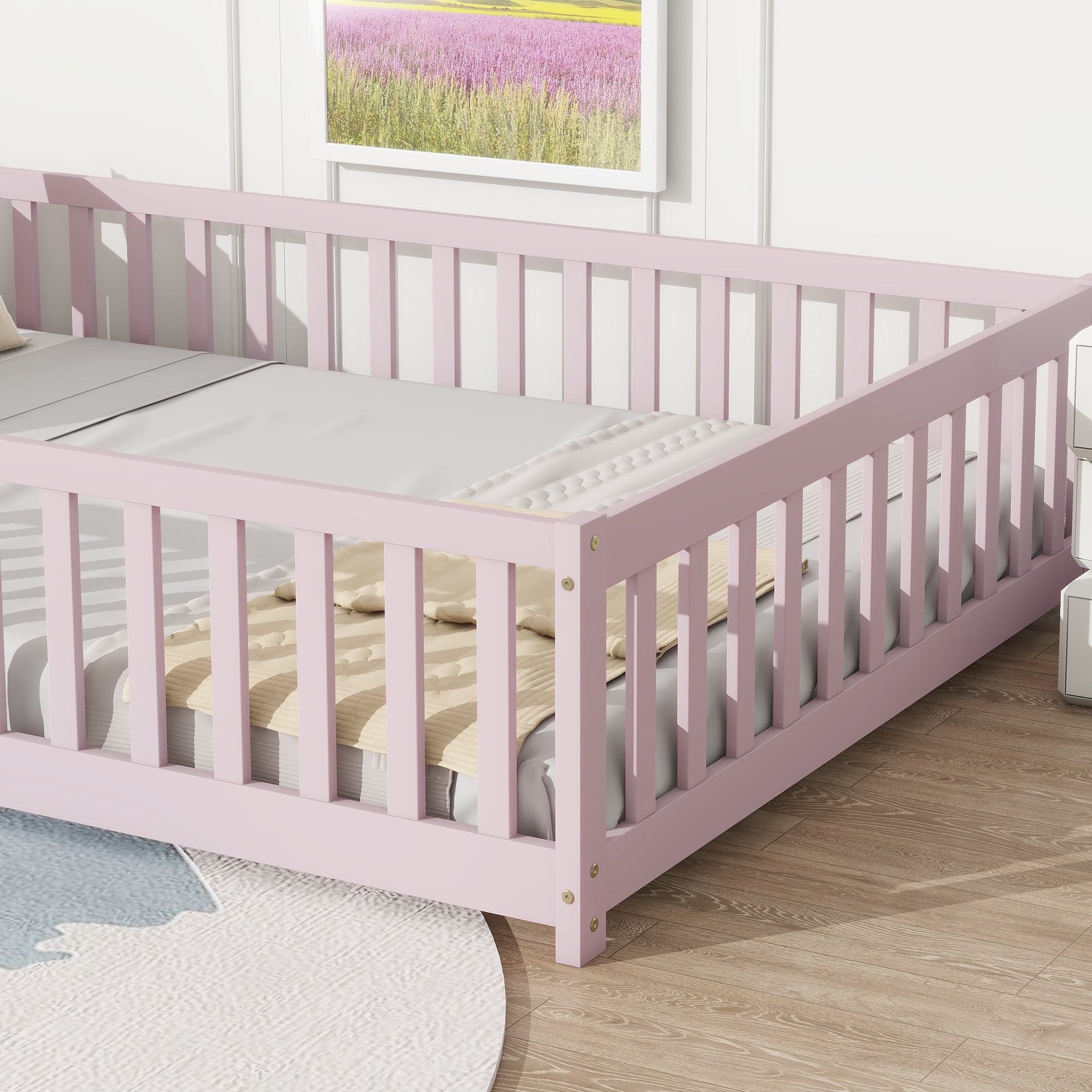 Full Size Rubber Wood Floor Bed with Fence and Door, Pink Safety Guardrails Kids Platform Bed, 7 Slats Support No Box Spring Needed for Compact Bedroom