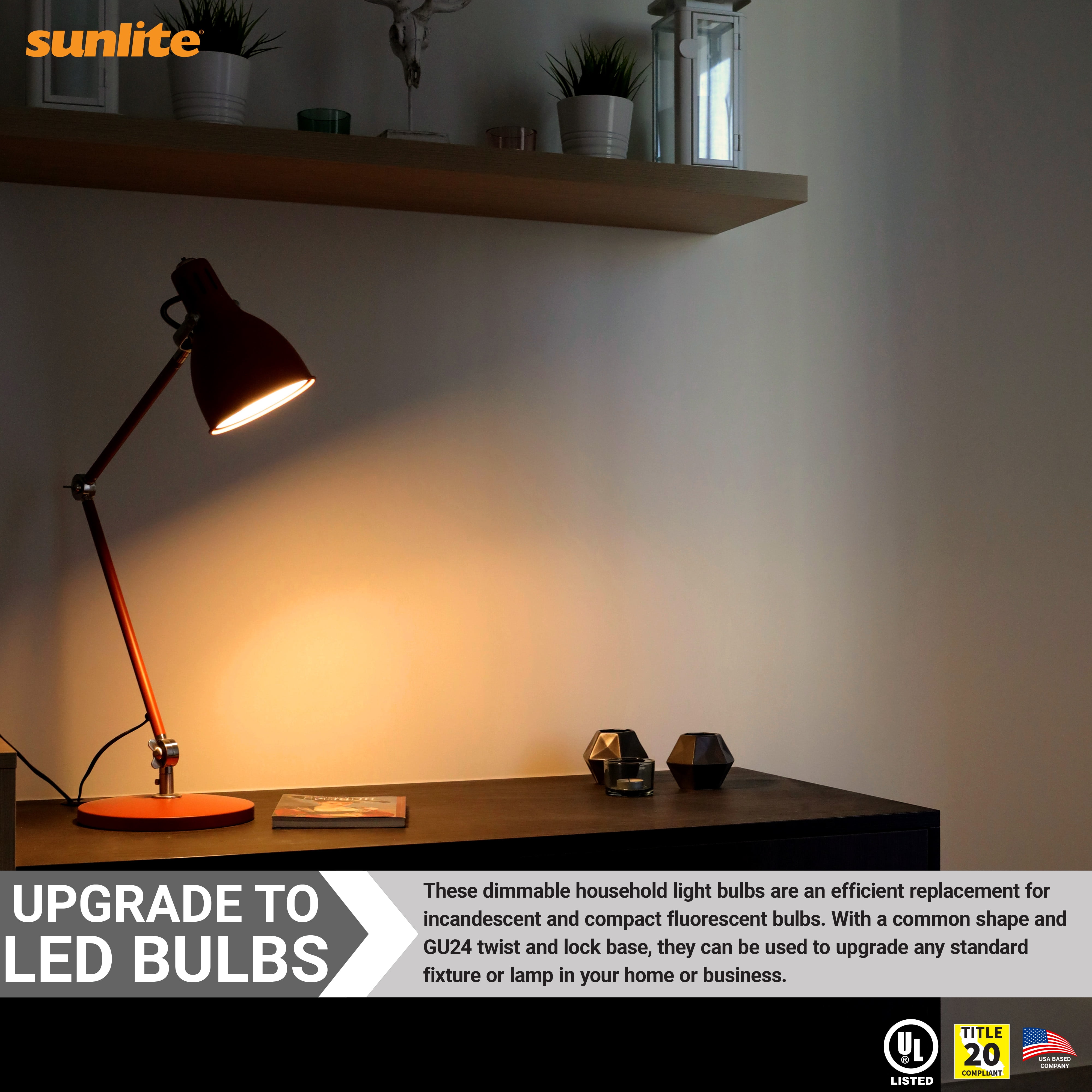 Sunlite LED A19 Light Bulb, 10 Watts (60W Equivalent), 800 Lumens, GU24 Twist and Lock Base, Dimmable, 90 CRI, UL Listed, Title-20 Compliant, 3000K Warm White, 6 Pack