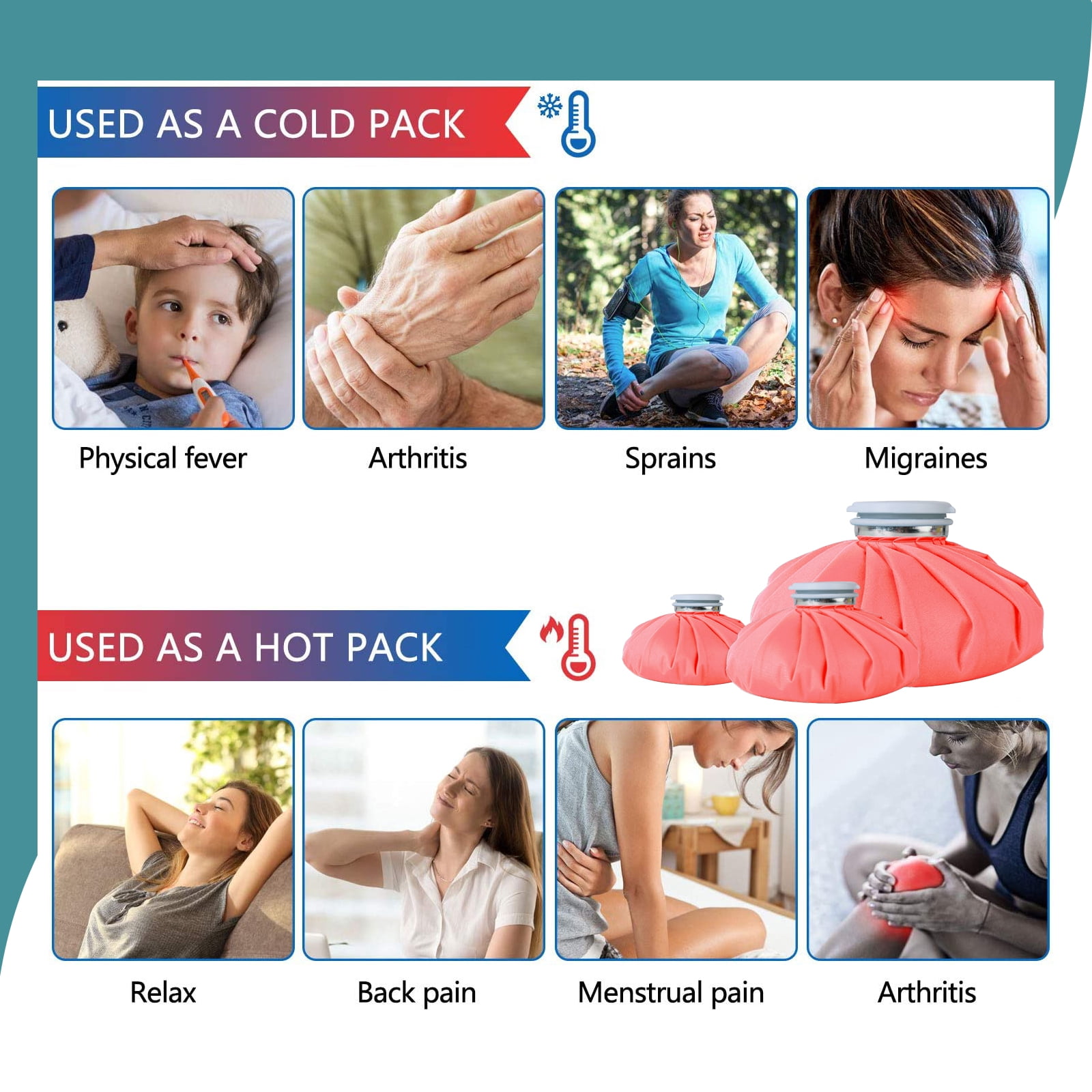 Ueasy Face Elbow Knee Ice Pack for Injuries, Refillable Ice Bag for Pain Relief Cold Compress Therapy for Swelling Bruises Surgery Wisdom Teeth Breastfeeding Headaches 3-Pack 6" 9" 11" - Pink