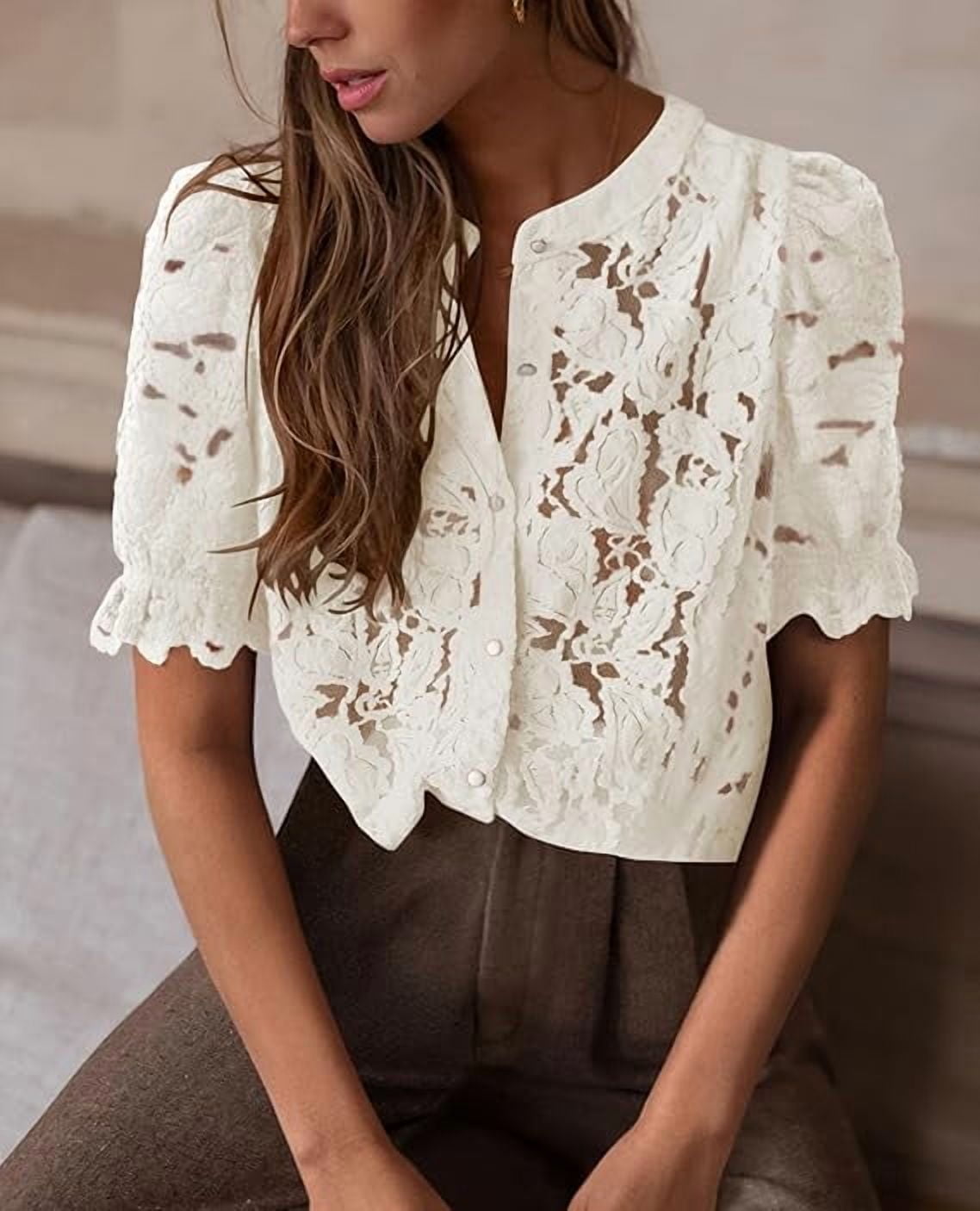 PRETTYGARDEN Womens Summer Lace Tops Short Puff Sleeve Casual Dressy Blouses Eyelet Crew Neck Buttom Down Shirts