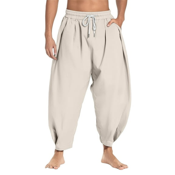 Men's Casual Pants Male Casual Solid Pant Woven Wide Leg Pant Pleated Pocket Drawstring Trouser Fashion Loose Trouser Beige 2XL