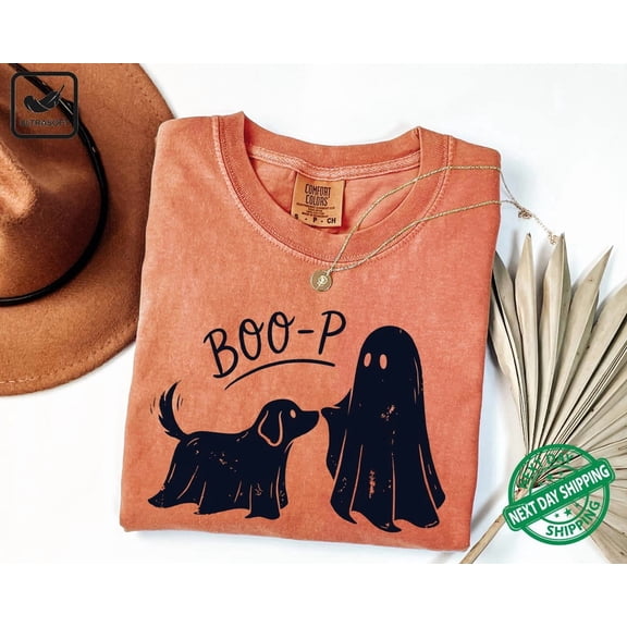 PAVIG Boo-P Dog Ghost Halloween Shirt, Funny Dog Mom Garment-Dyed Tee