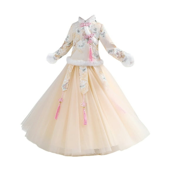 Otqutp Embroidery 𝗧ang Suit Dress for Girls Kids 2026 Chinese 𝗟unar New Year 𝗙airy 𝗛anfu Dresses Plush Trim Clothes Outfit
