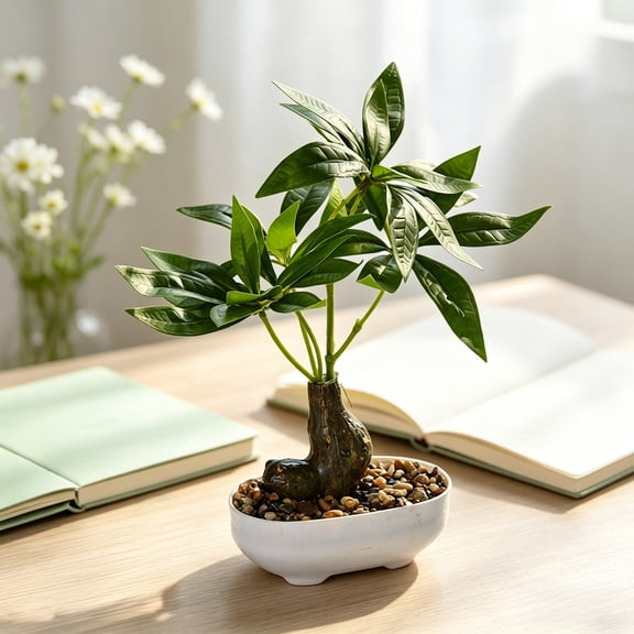 EDHITNR Artificial Money Tree Bonsai Mini Plastic Green with White Pot Faux Potted for Desk Shelf Decor, Realistic Leaf Texture Small Potted Bonsai Indoor Ornament
