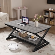 STRICWARM Gray Coffee Tables for Living Room, 39 Inch Wooden Coffee Table with Round Corner, Modern Minimalist 2-Tier Storage Center Table for Small Space, Apartment, Office