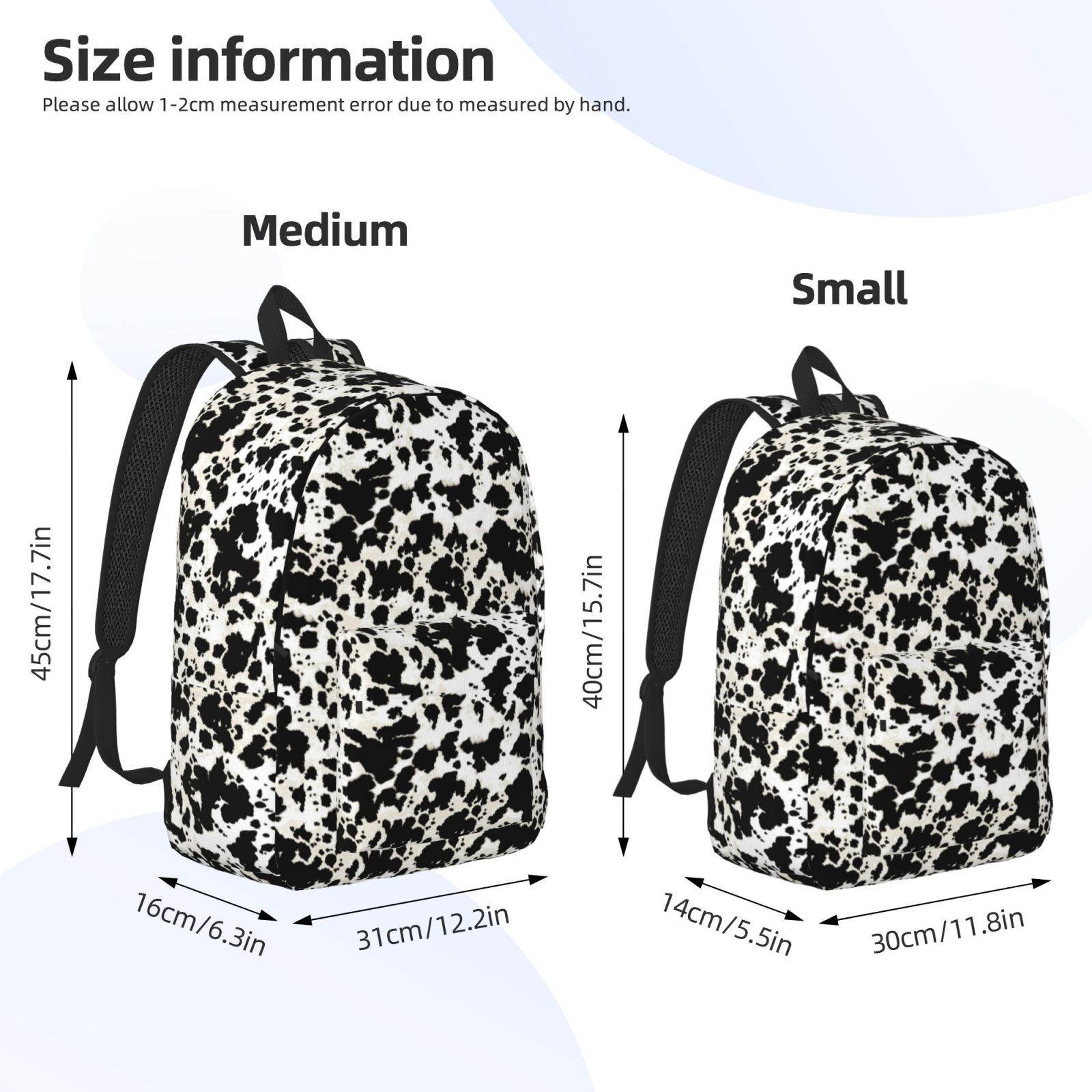 Picia Cow Skin 1 Printed Canvas Daypack - Stylish and Durable Vintage Compact Backpack - Class, Work, Travel, or Laptop Bookbag,Organized Compartments-Small