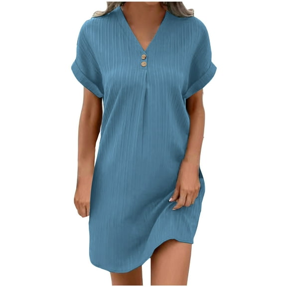 LYXSSBYX Summer Dresses for Women 2024 Women Casual Solid V-neck Short Sleeve Dress Pocket Split Hem Strap Dress