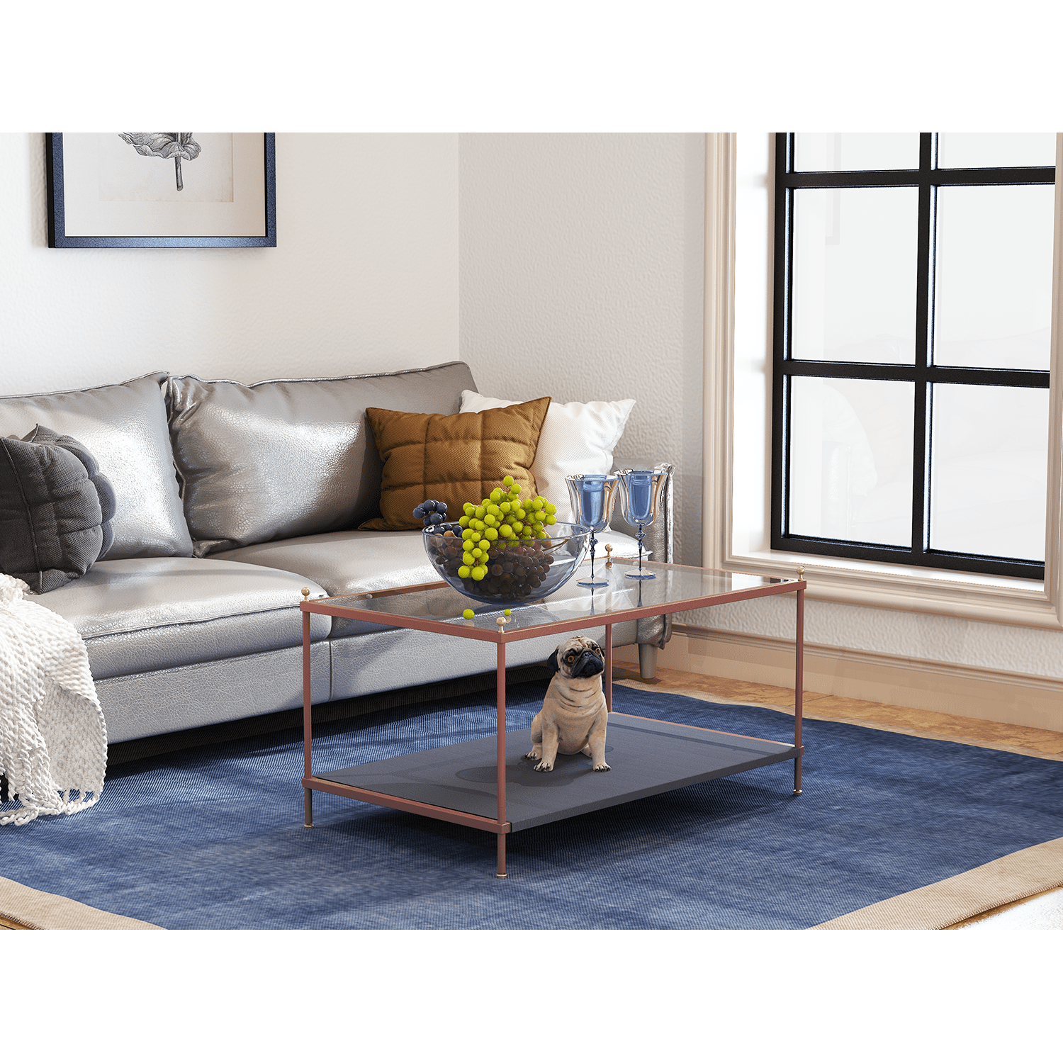 Kadyn Modern Rectangular Coffee Table, Glass Coffee Table for Living Room, Carbon Steel 2-Tier Tea Table & Pet Sharing Table （Provide pet mat）, Rose Gold