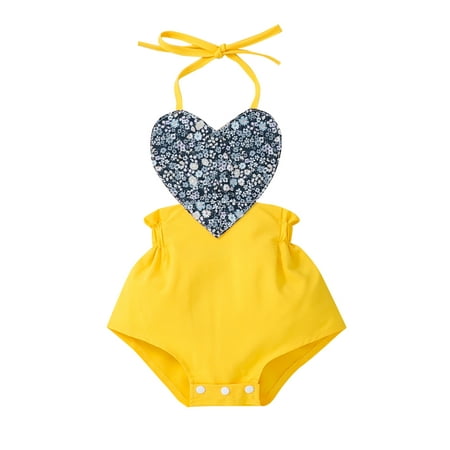 

Suanret Summer Lovely Baby Girls Romper Clothing Floral Printed Heart Stitching Backless Jumpsuit Yellow 0-3 Months