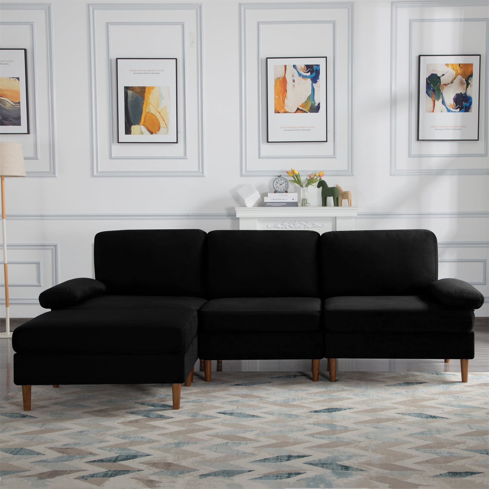 Aukfa 100" Velvet Sectional Sofa Modular Couch with Chaise for Living Room, Black