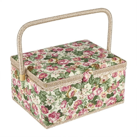 Brrnoo Sewing Box Storage Box,Fabric Floral Printed Sewing Basket Craft Box Household Sundry Storage Organizer with Handle