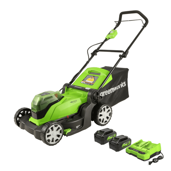 Greenworks 2 x 24V (48V) Tondeuse à Gazon Sans Fil 17 Pouces, (2) Batteries USB 4Ah et Chargeur Double Port Inclus [125+ Outils Compatibles]