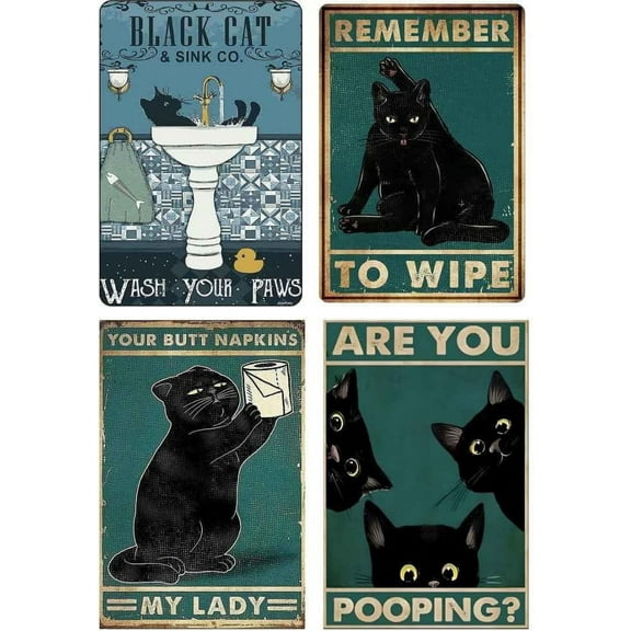 YJ PREMIUMS 4PC Funny Cat Metal Tin Signs Posters for Bathroom Restroom | Fun Toilet Bathrooms Wall Decor Sign Door Poster | Are you Pooping Poop Remember to Wipe Sayings Stuff Accessories