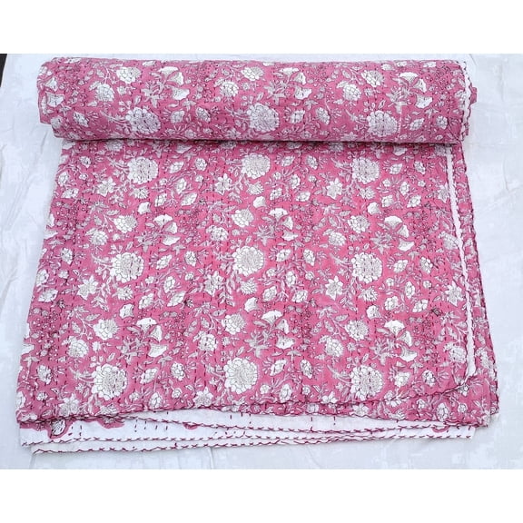 Ozark Textile Pink Floral Indian Handmade 100% Cotton Coverlet