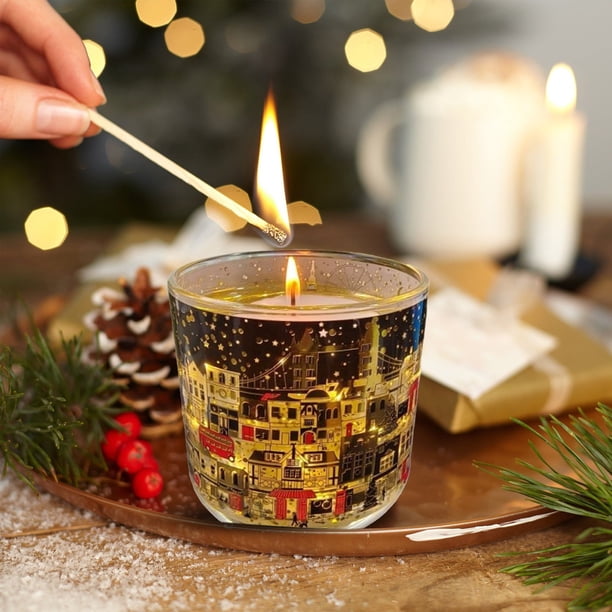 Vela perfumada navideña en frasco de vidrio con sensor de luz, cera reactiva al calor, ideal para uso doméstico en Navidad, con diseño de árbol de Navidad y calles de Londres.