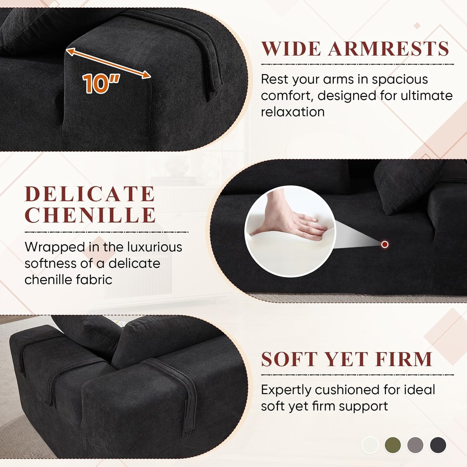 AENKYO 108" Chenille L-Shaped Sectional Sofa Set with 6 Pillows, Free-Combination Modular Couch for Living Room, Black, Left-Facing Chaise