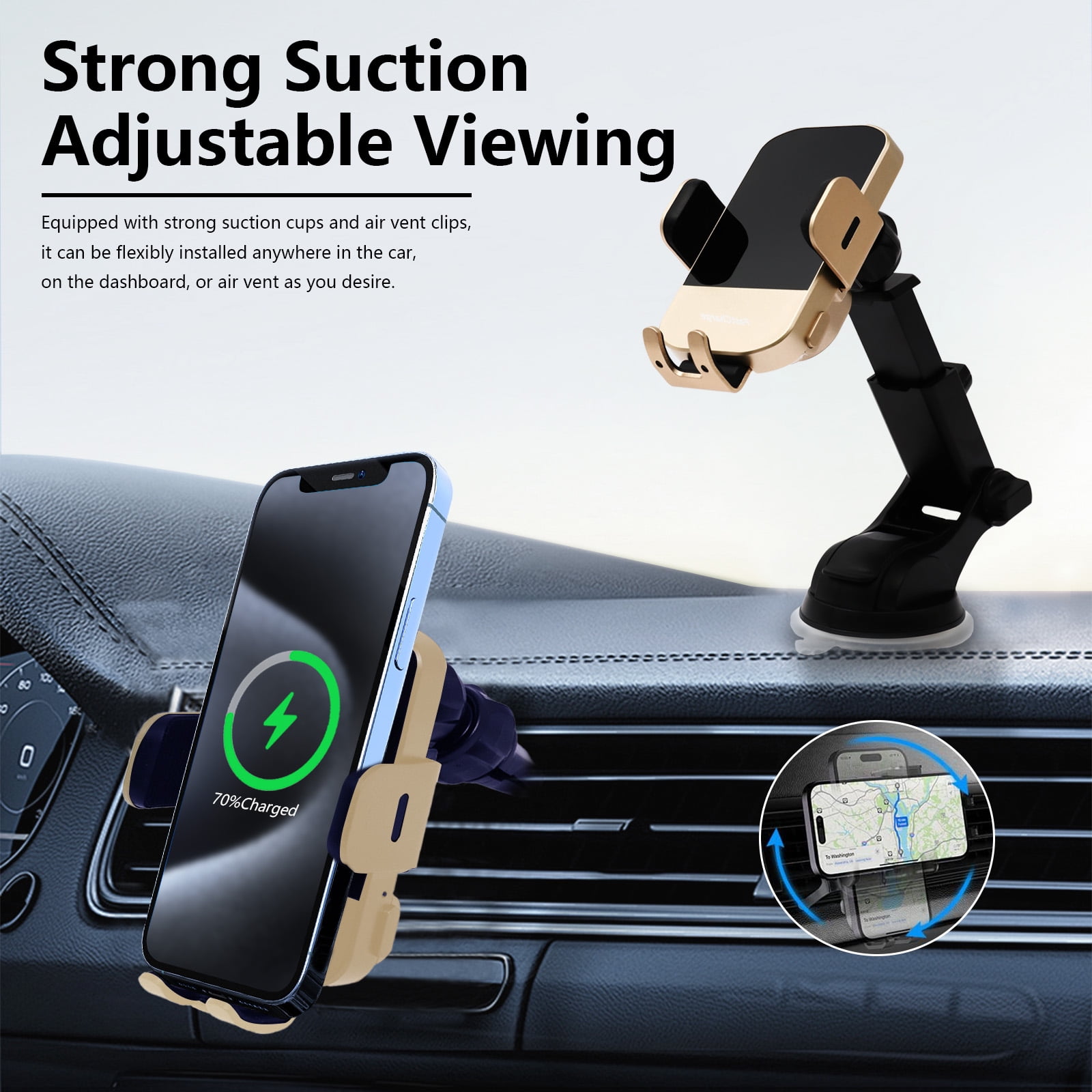 Wireless Car Charger, 15W Fast Charging Auto Clamping Phone Holders for Your Car Phone Mount for Car fit for iPhone 17 16 15 14 13 12 Pro Max 11 XR XS, Samsung Galaxy S25 Ultra S24 S23, Gold