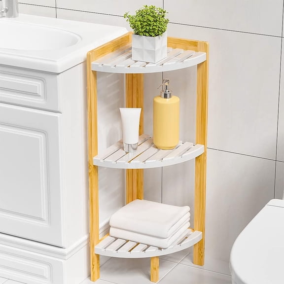 Bambloom Corner Shelf Stand 3 Tie,Bamboo Small Bamboo Standing Shelf for Office Kitchen Bedroom Plant Stand Living Room Decor Small Space