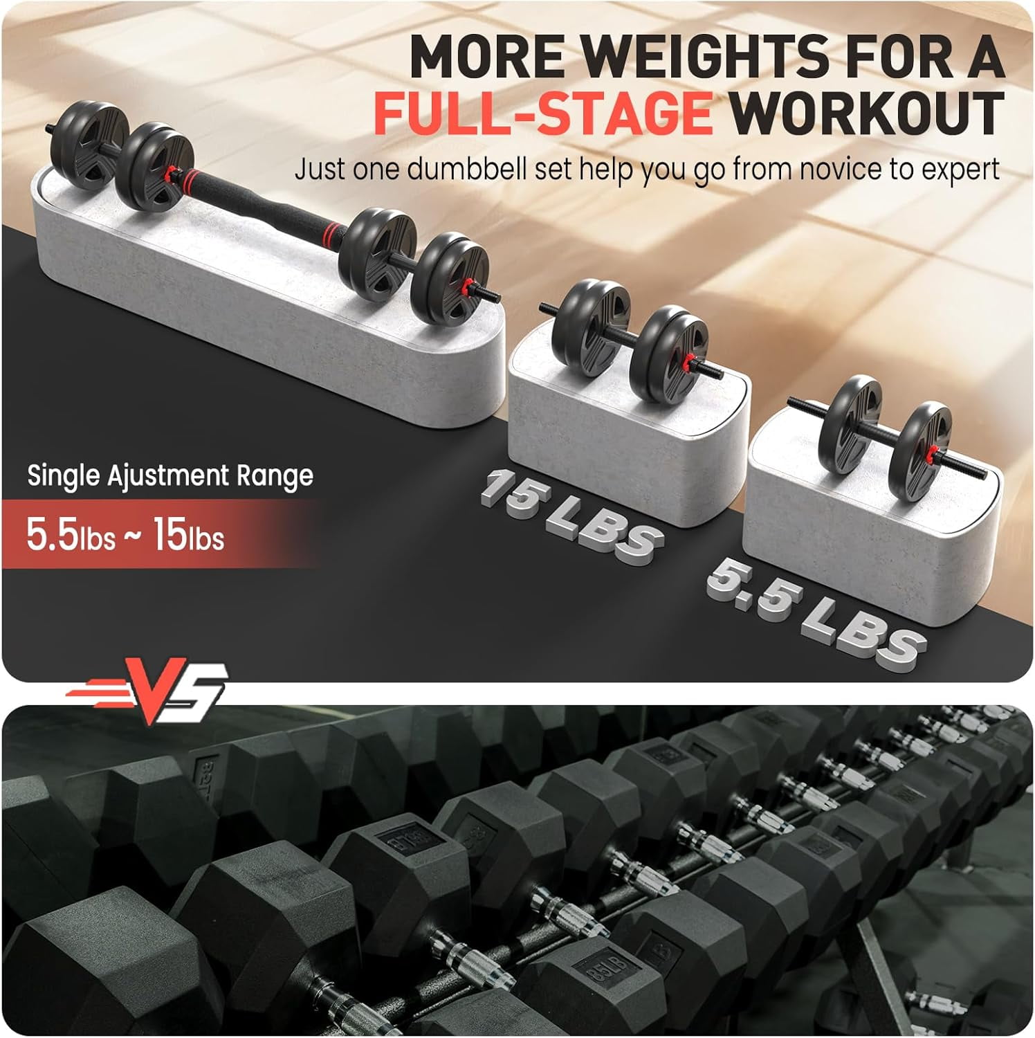 Adjustable Dumbbells Set 30lbs with Connector Barbell for Home Gym Strength Training