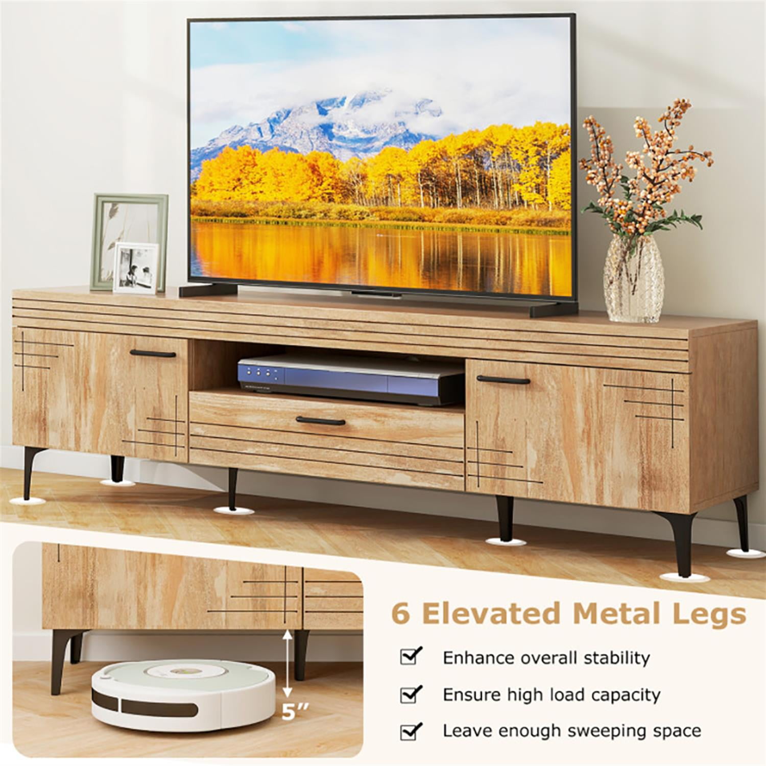 Demi Bonn TV Stand for 65" TVs, Entertainment Center with 2 Cabinets and Storage Drawer, Modern Media TV Console Table for Living Room Bedroom, Beige