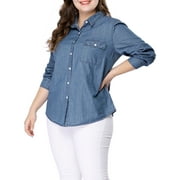 Angle View: Agnes Orinda Juniors' Plus Size Long Sleeve Chest Pocket Chambray Shirt