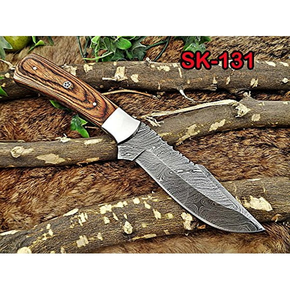 11" Long hand forged Damascus steel full tang blade skinning Knife, 2 tone brown Dollar wood with Brass bolster scale, Cow Leather sheath