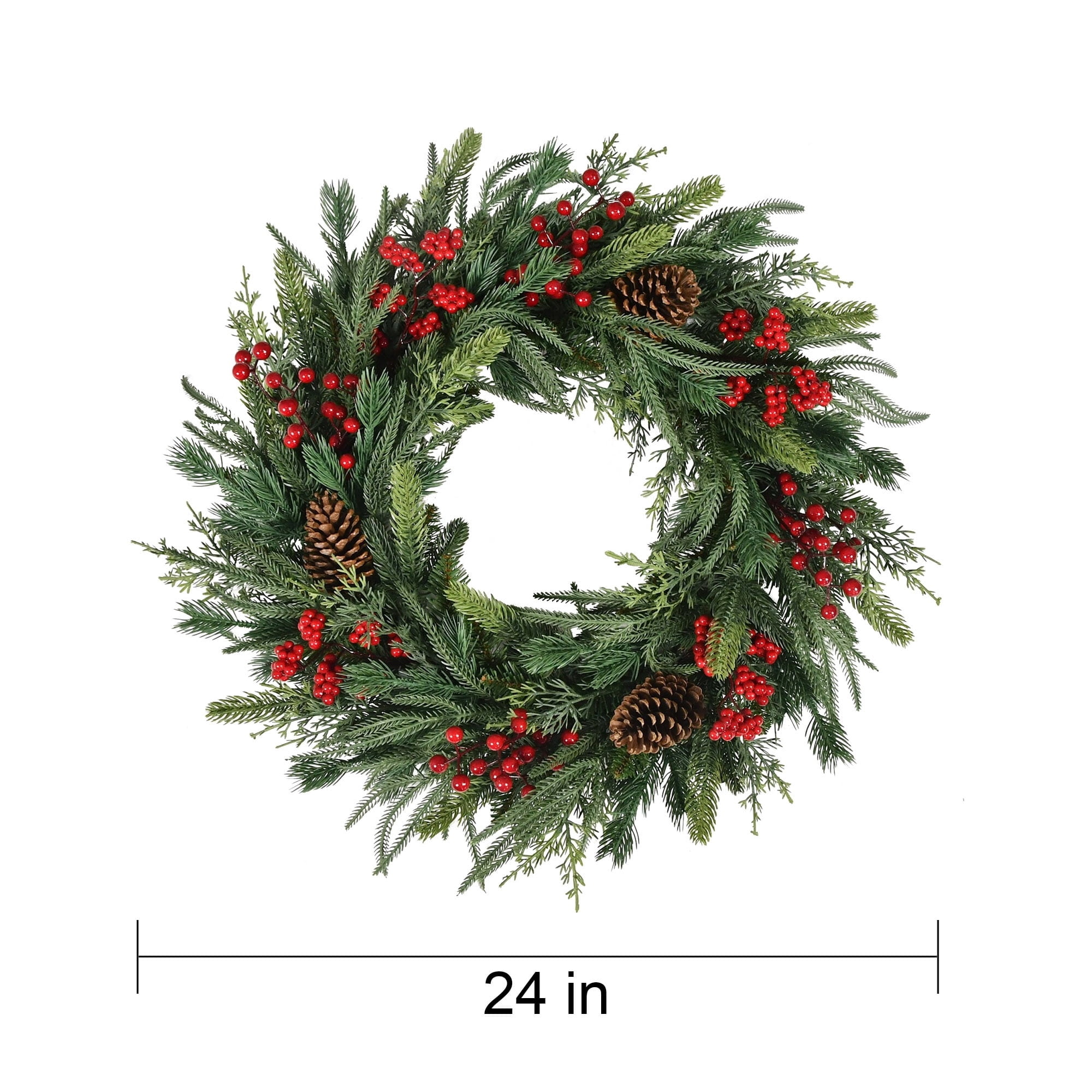 Natural Feel Fairfield Artificial Christmas Wreath with Berries and Pinecones, Green and Red, 24", by Holiday Time