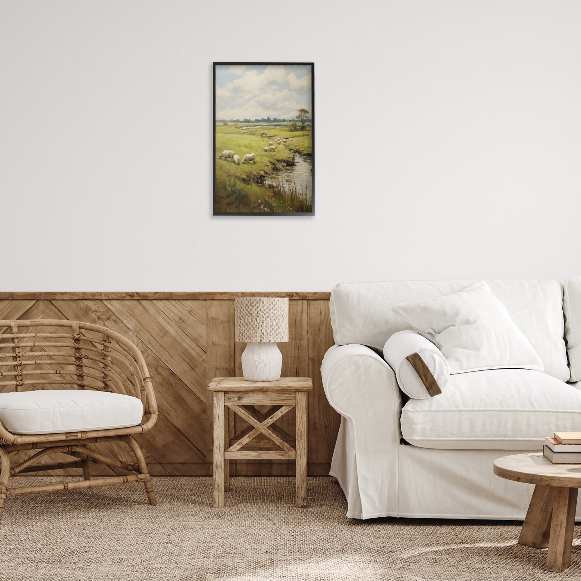Stupell Industries Grazing Sheep Countryside Landscape Painting Black Framed Art Print Wall Art, 16 x 24